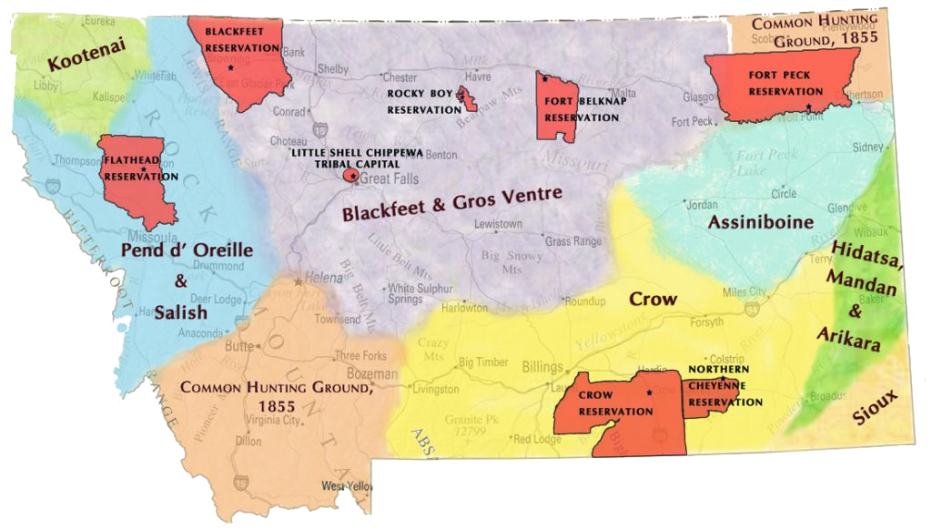 Map of Montana common hunting grounds in 1855. An overlay of the current tribal reservations is layered over the hunting areas. The picture shows the vast hunting area of each tribe vs. the smaller space of the current reservations.